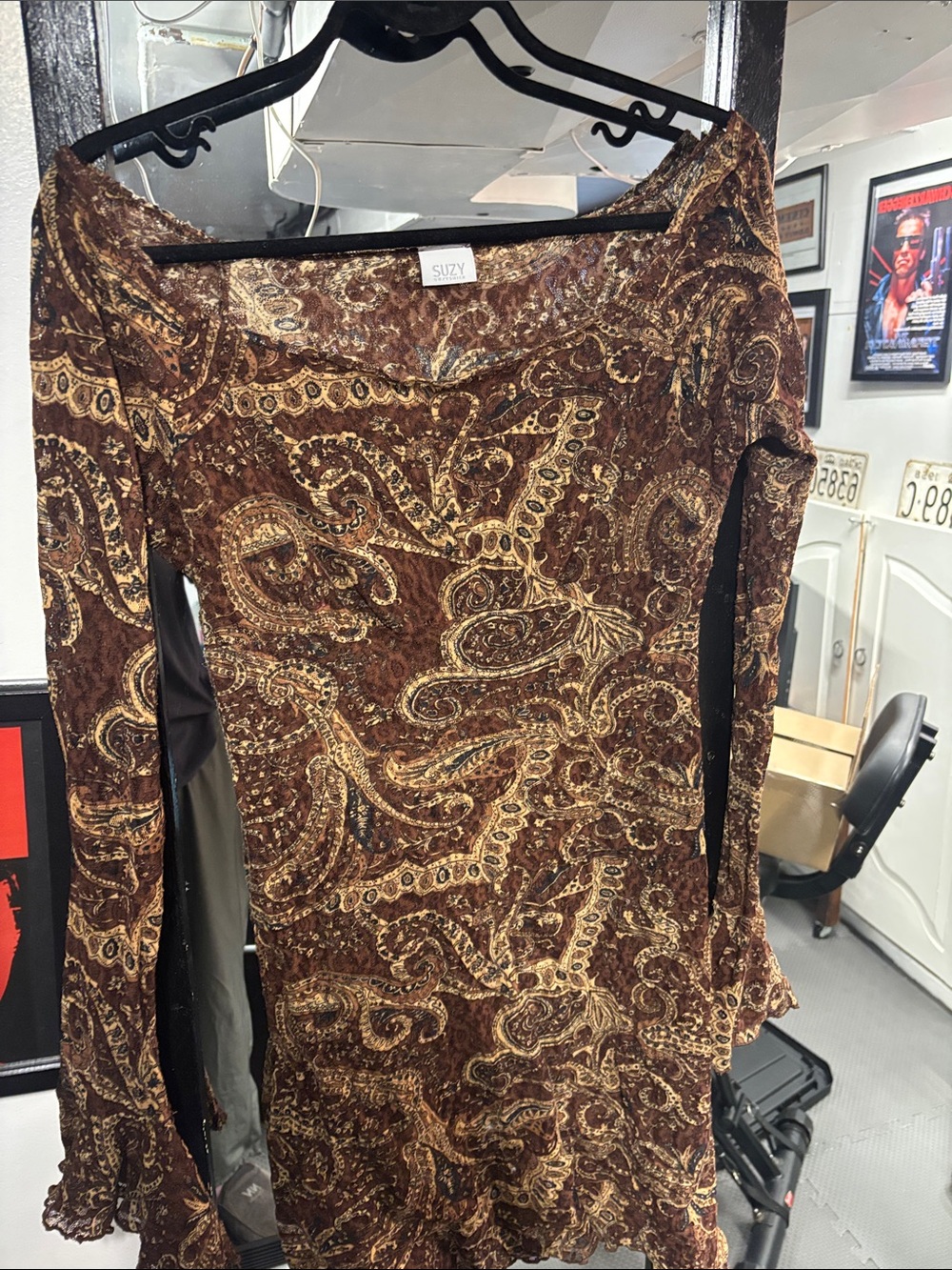 Suzy Shier Brown and Gold Paisley Netted Dress.